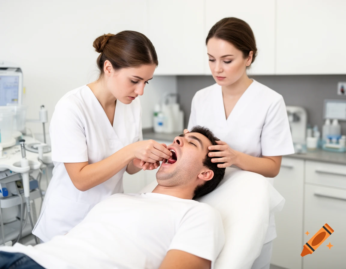 Two medical professionals in white scrubs examine a man lying on a treatment table in a clean, modern clinic.
