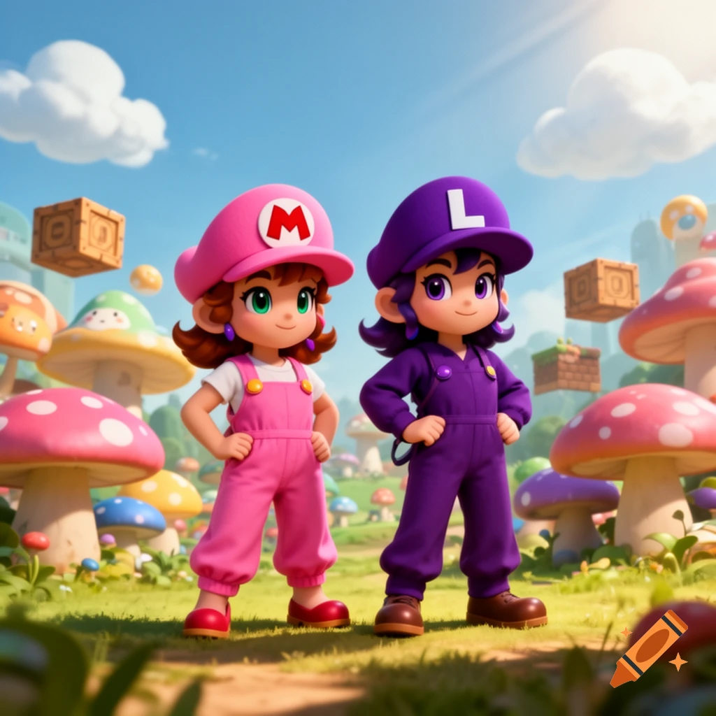 Two cartoon female characters, one pink with an 'M' hat, one purple with an 'L' hat, stand in a mushroom landscape.