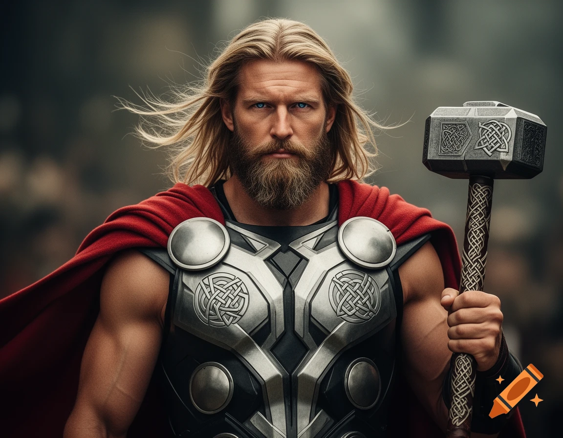 Photorealistic portrait of Thor, a man with long blonde hair and beard, wearing armor and a red cape, holding a hammer.