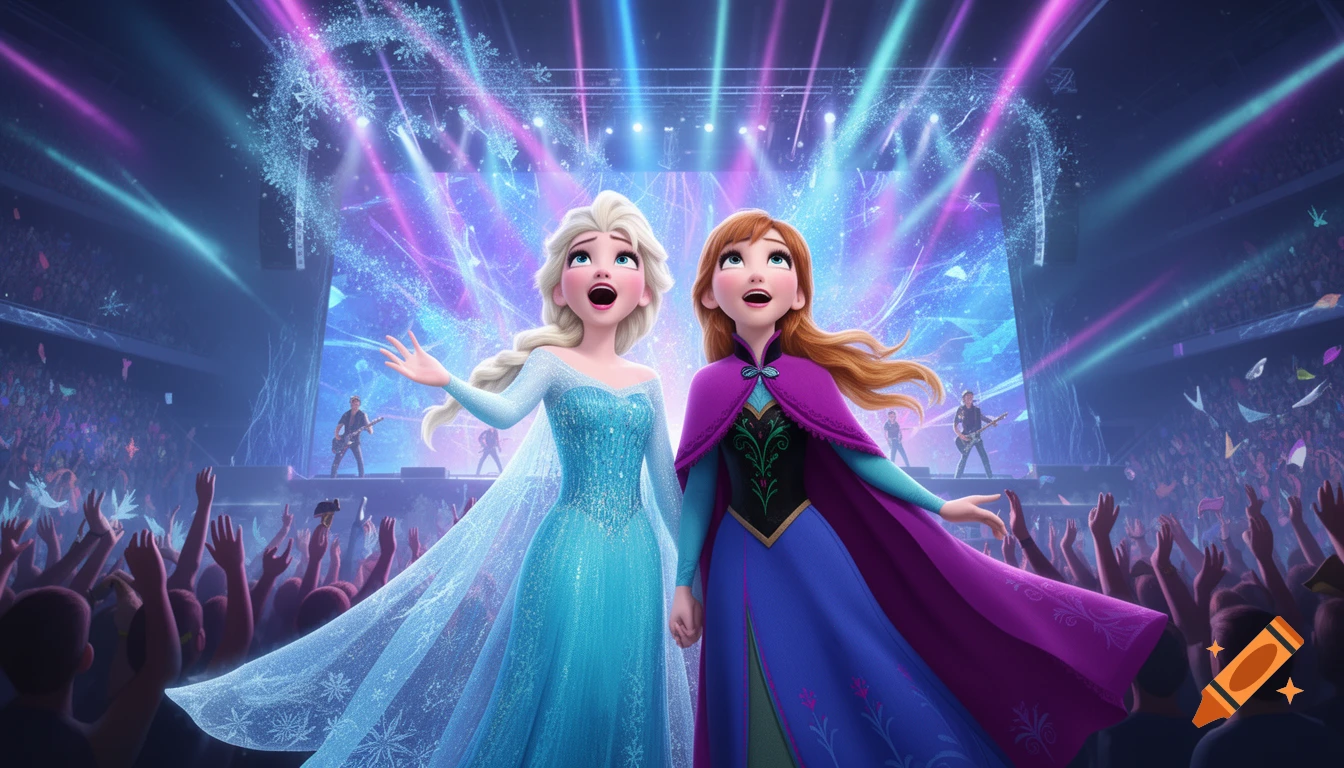 Elsa and Anna from Frozen singing on stage at a vibrant concert with bright lights and a cheering crowd.