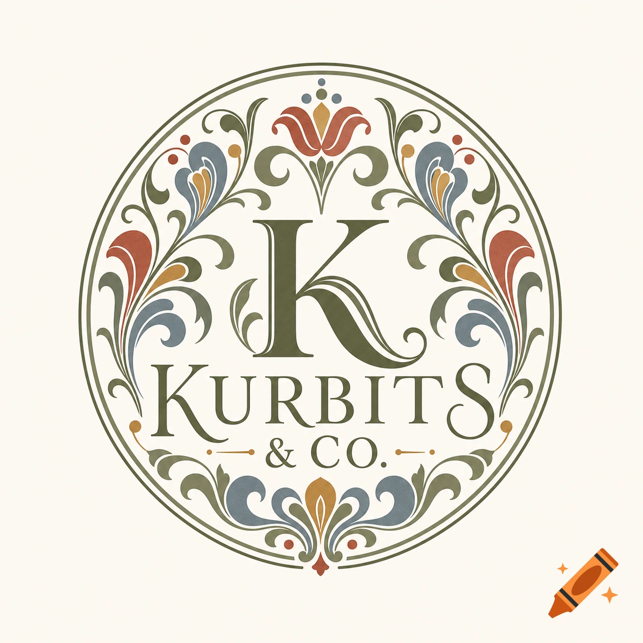 A circular Art Nouveau style logo with a large stylized 'K', 'Kurbits & Co.', and floral motifs in muted green, red, ochre, and blue-grey.