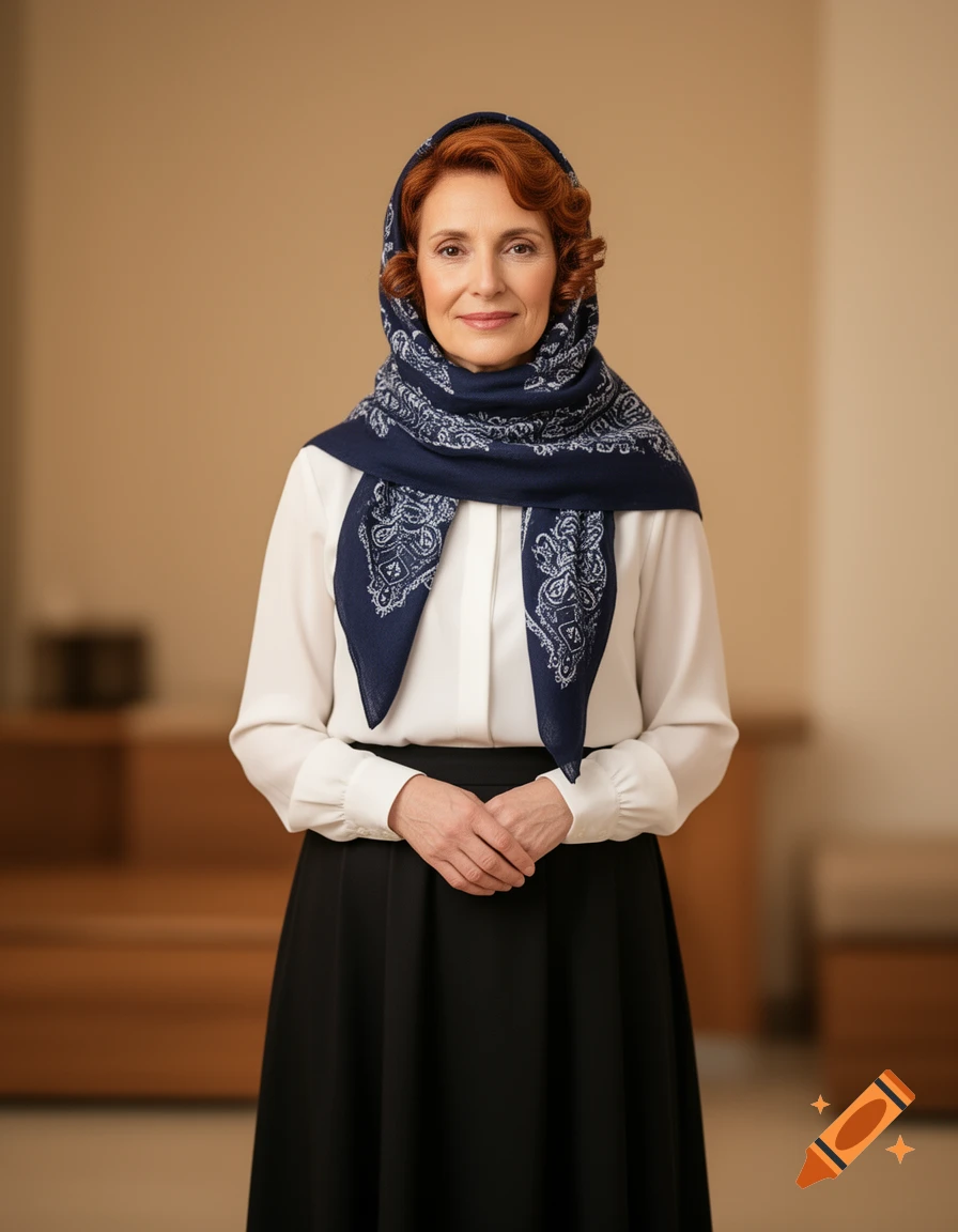 A woman with red hair wearing a dark blue patterned headscarf, white blouse, and black skirt stands looking forward.