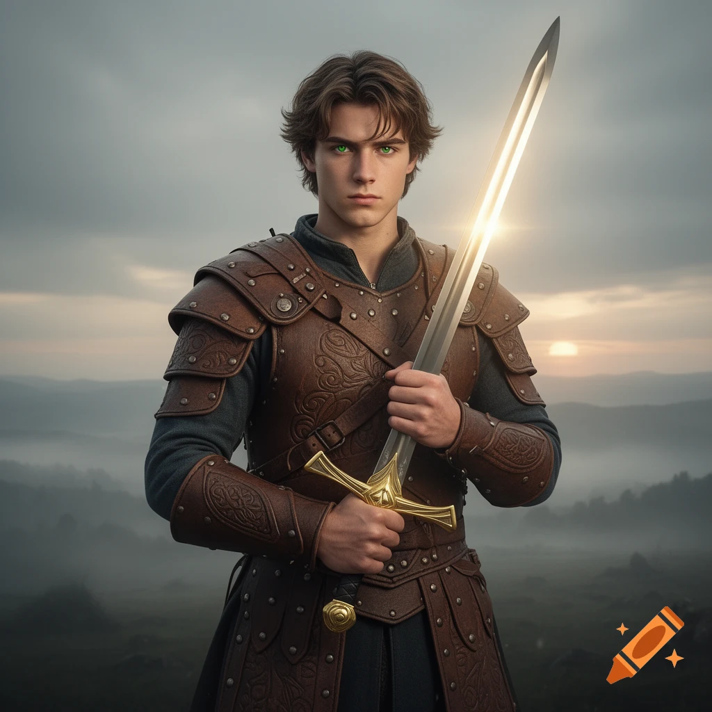 A young man with brown hair and green eyes, wearing brown leather armor, holds a shining gold-hilted sword at sunset.