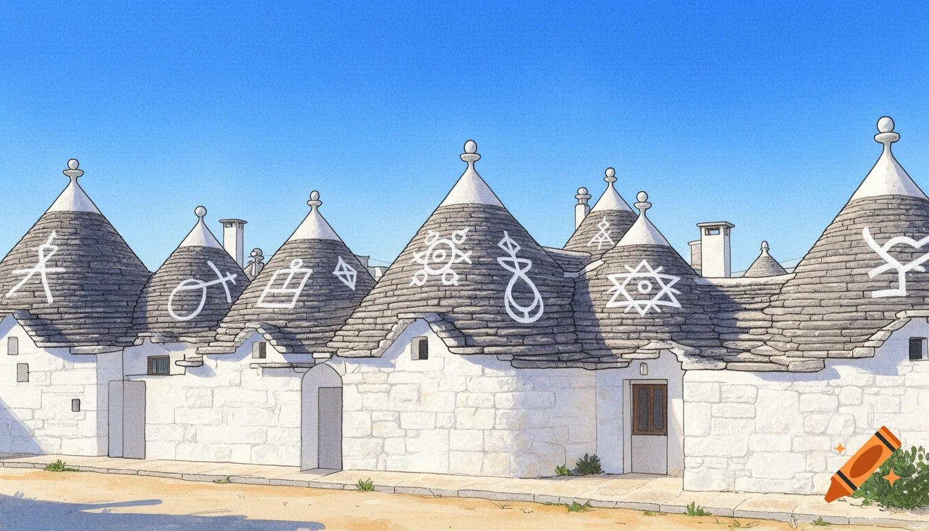 Illustration of white Trulli houses with grey conical roofs adorned with traditional symbols under a bright blue sky.