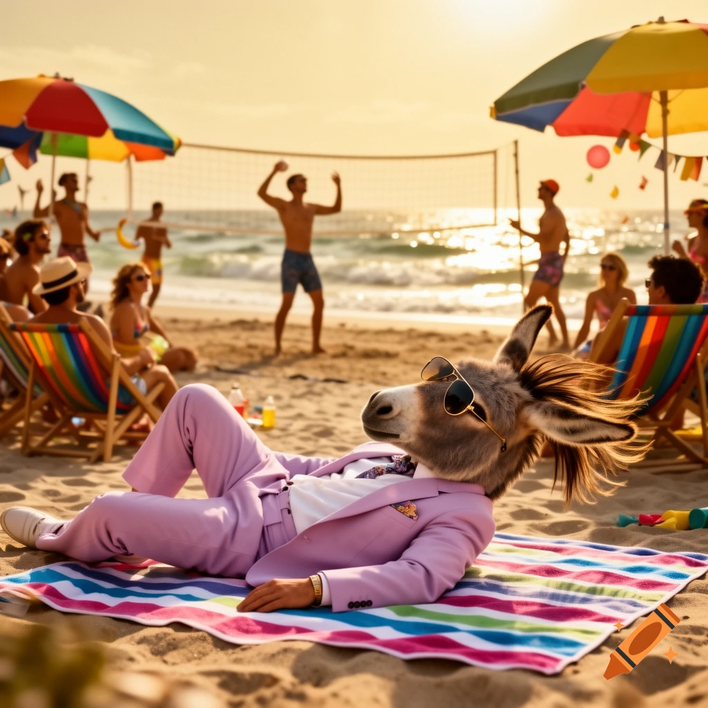 A photorealistic image of a donkey-headed man in a lavender suit and sunglasses relaxing on a striped beach towel on a sunny beach.