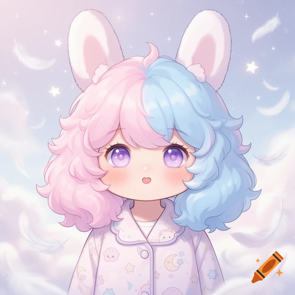 A cute chibi-style character with pink and blue fluffy hair, large purple eyes, and bunny ears, wearing pastel pajamas amidst a dreamy sky with feathers.
