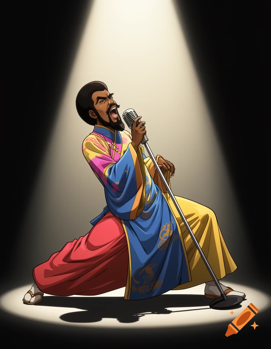 An anime-style illustration of a Black male funk singer in a vibrant, retro robe, leaning back dramatically while holding a vintage microphone under a spotlight.