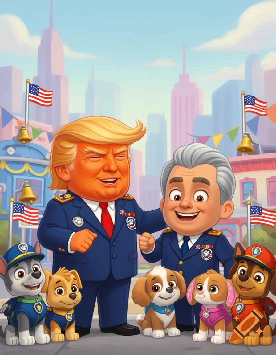 Cartoon caricature of Donald Trump and Mike Pence in uniforms with five Paw Patrol puppies in a city street.