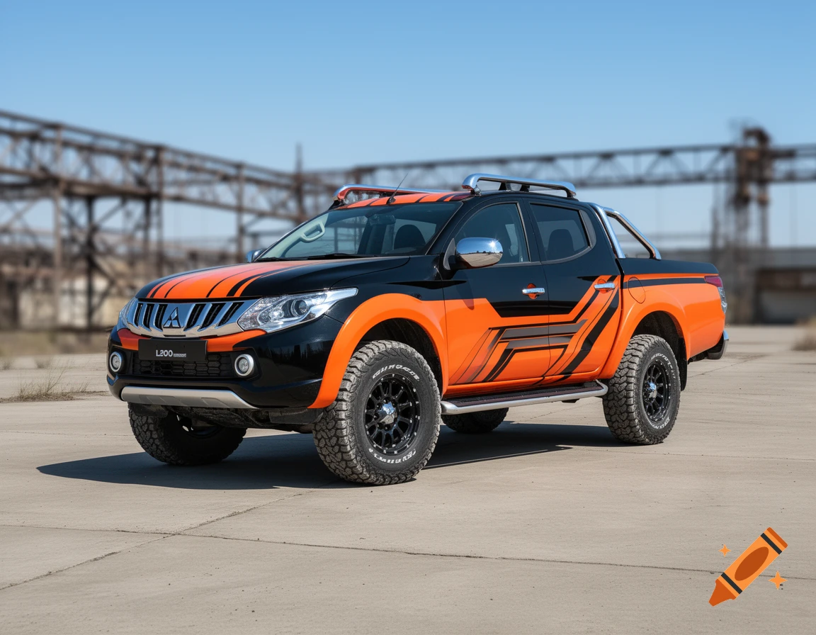 A black and orange Mitsubishi L200 pickup truck with chrome accents is parked outdoors, with a blurred industrial background.