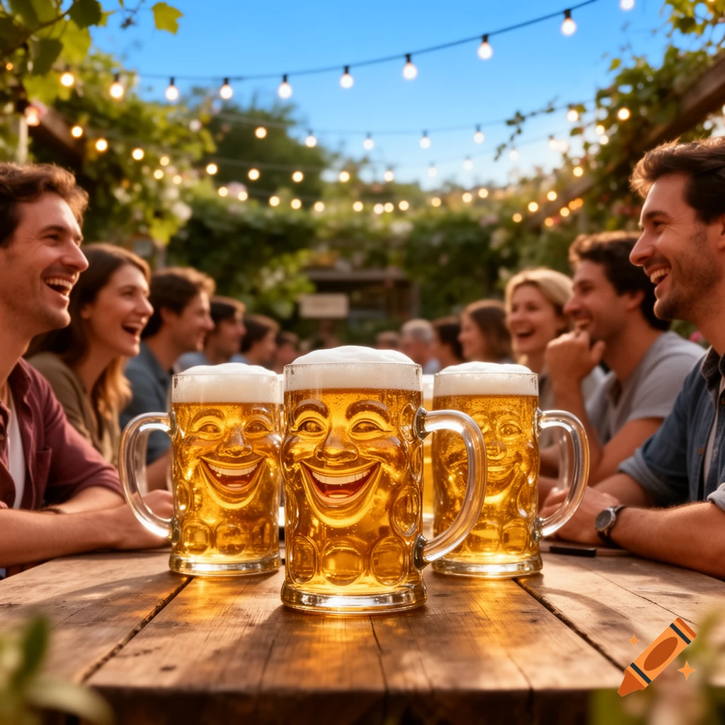 Three smiling beer mugs with faces are on a wooden table, surrounded by laughing people at an outdoor gathering with string lights.