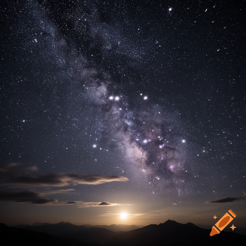 The Milky Way galaxy arcs across a dark night sky above silhouetted mountains, with a glowing moon on the horizon.