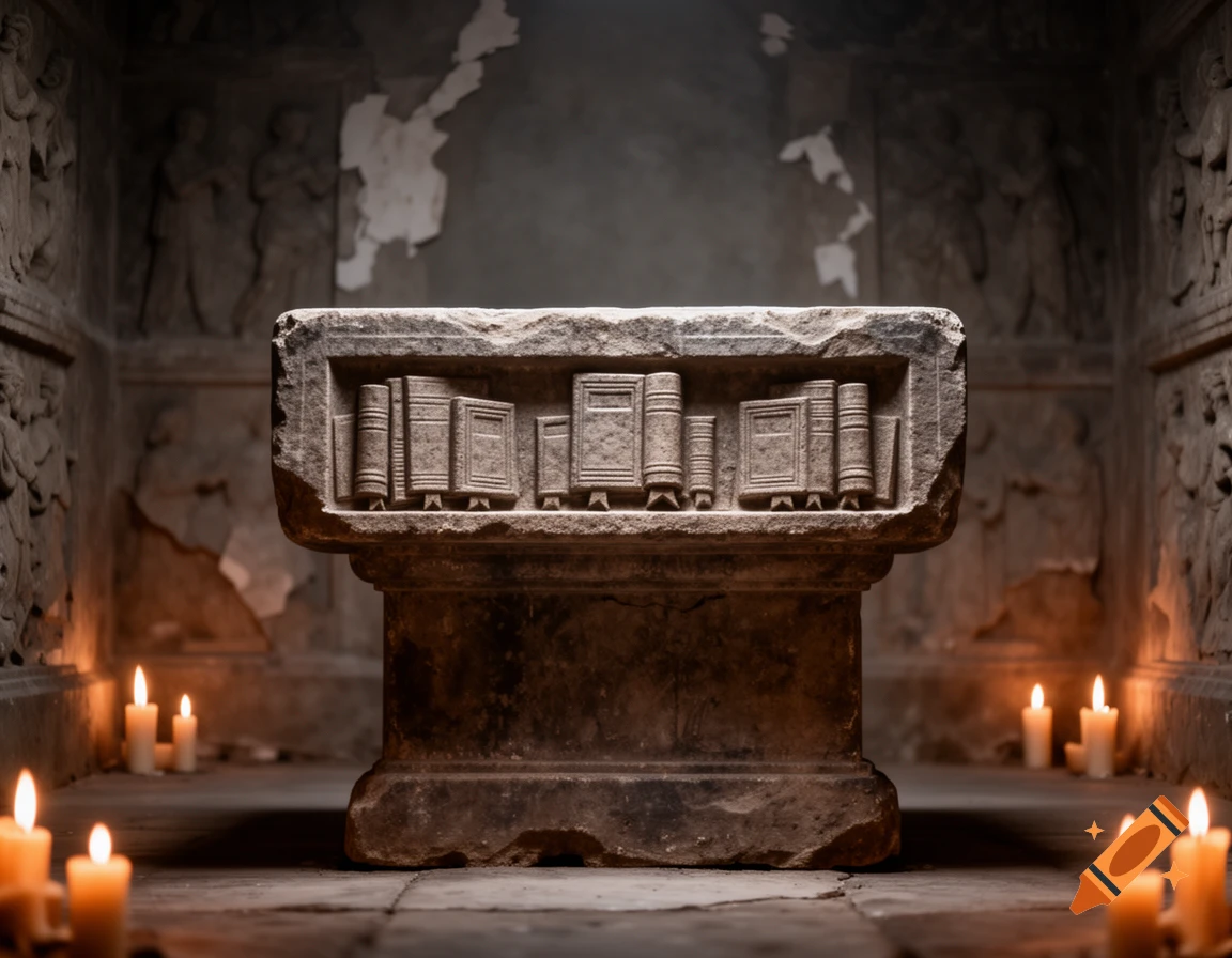 A stone altar with stylized book carvings in a dimly lit, ancient room with relief carvings on the walls, surrounded by glowing candles.