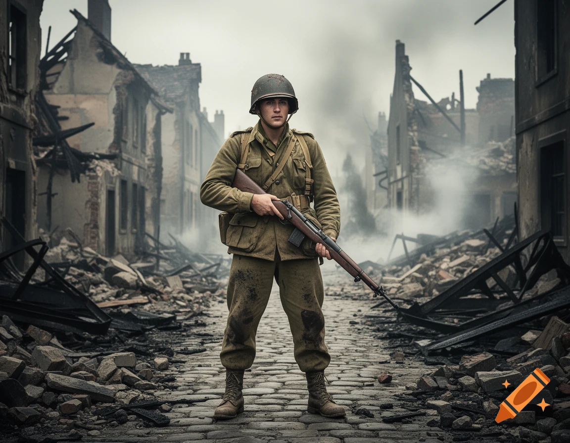 A soldier in uniform stands holding a rifle in a destroyed city street, surrounded by rubble and smoke, photorealistic.