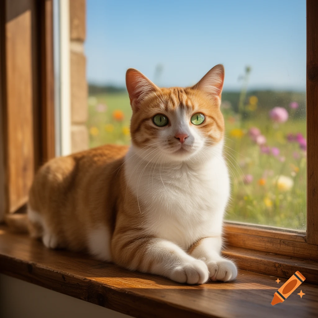 An orange and white cat with green eyes rests on a sunny wooden windowsill, looking towards a vibrant flower field.