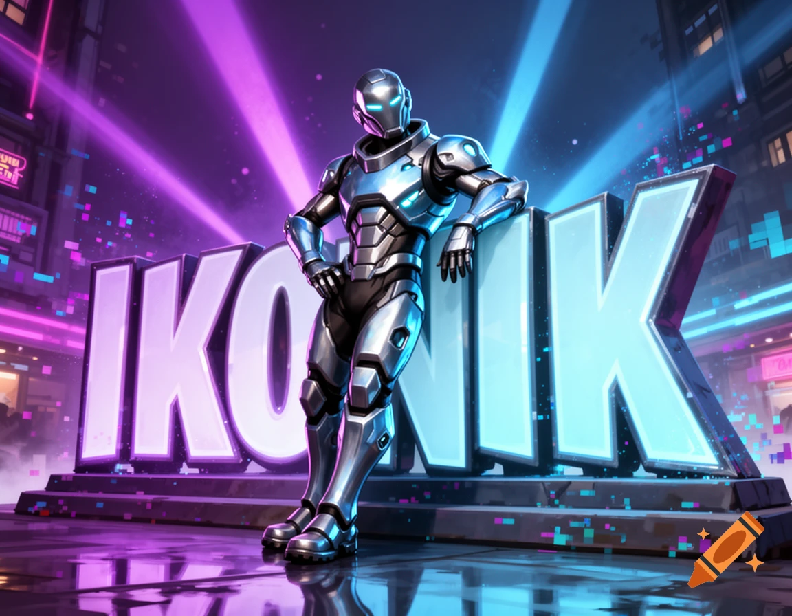 A futuristic robot in metallic armor leans on a large "IKONIK" sign, glowing with neon lights in a futuristic city.