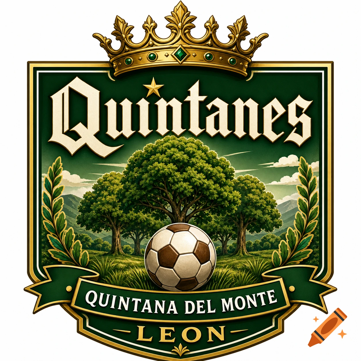 Green and gold heraldic crest featuring a crown, trees, a soccer ball, and text 'Quintanes, Quintana del Monte, Leon'.