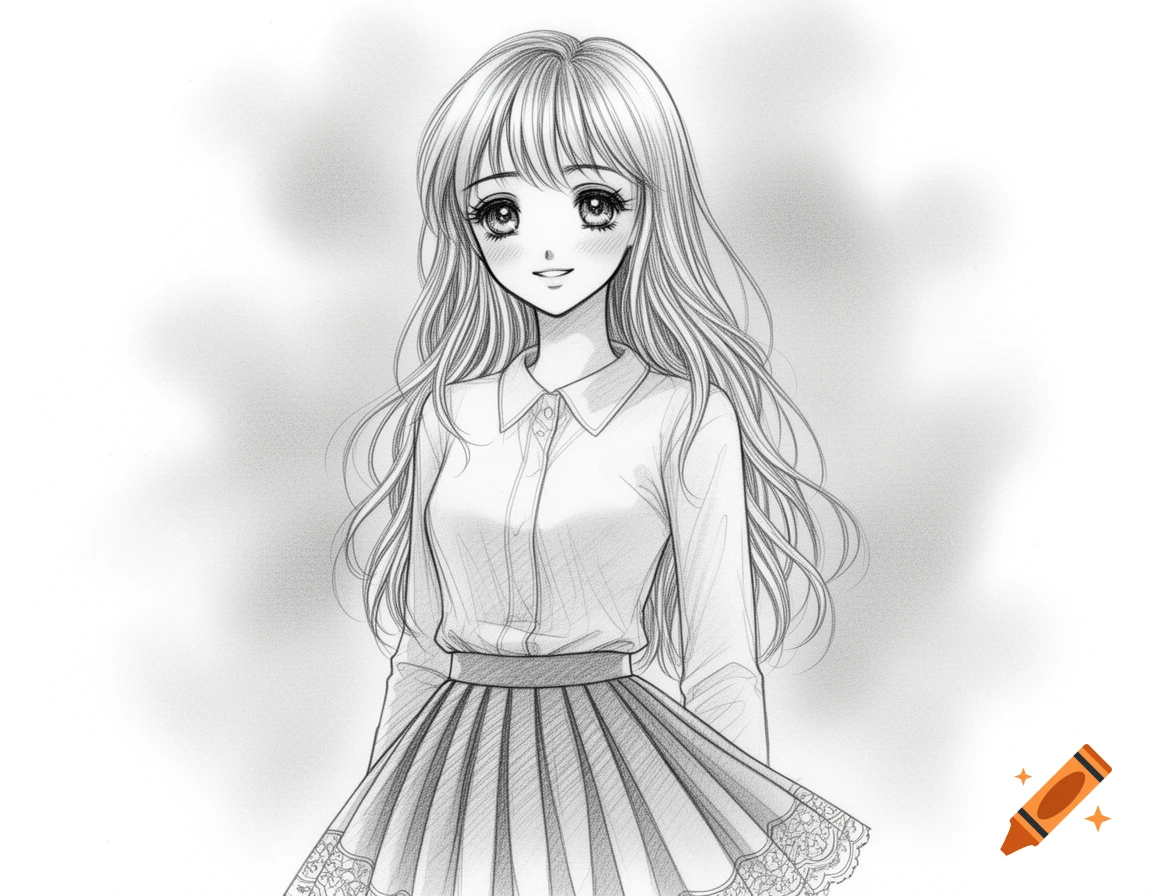 A beautiful manga girl sketch with long wavy hair, a collared shirt, and a pleated skirt.
