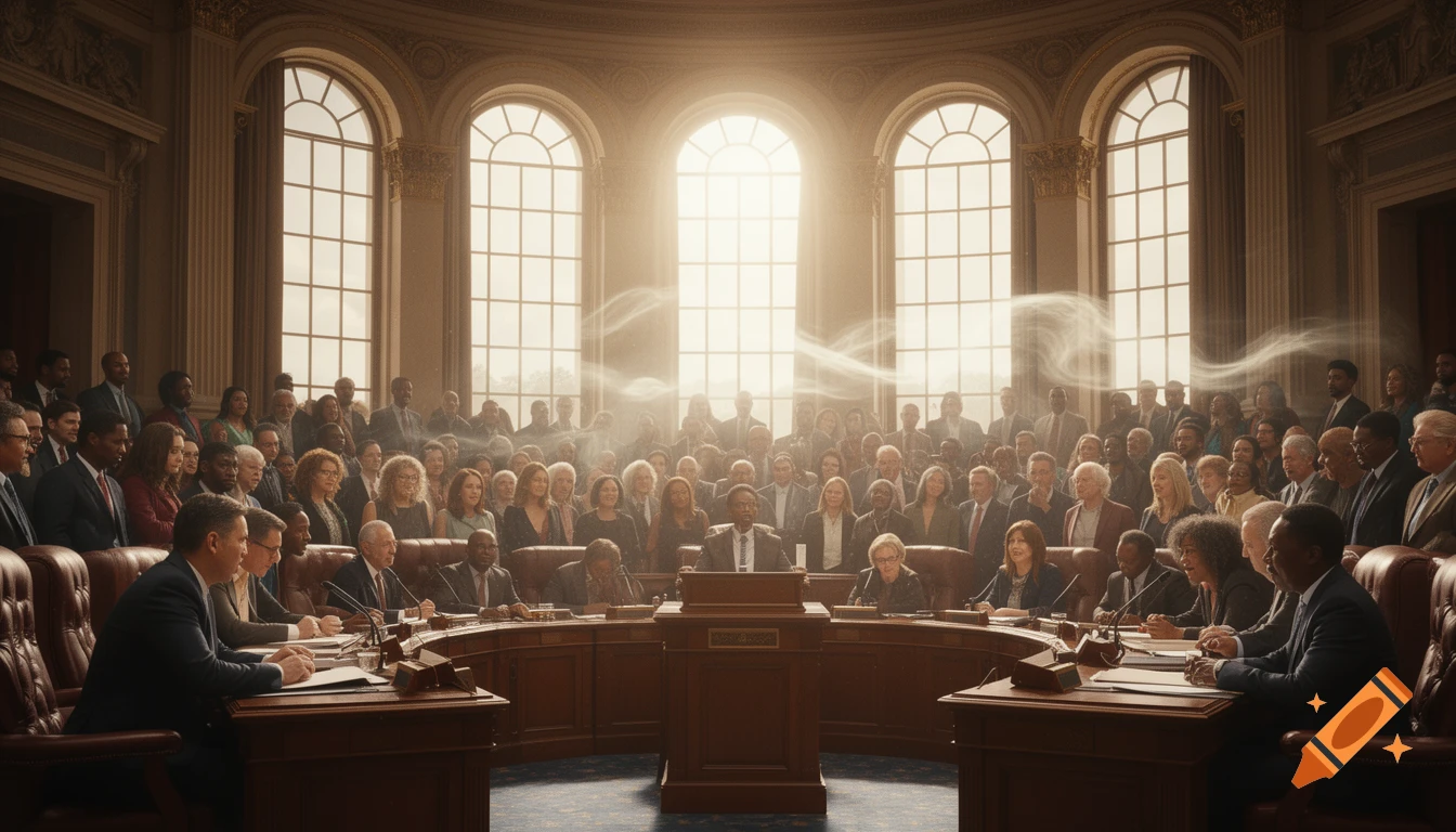 A diverse group of people in a grand, sunlit legislative chamber, with some seated at a curved table and many observing from tiered seating. Wisps of steam rise in the air.