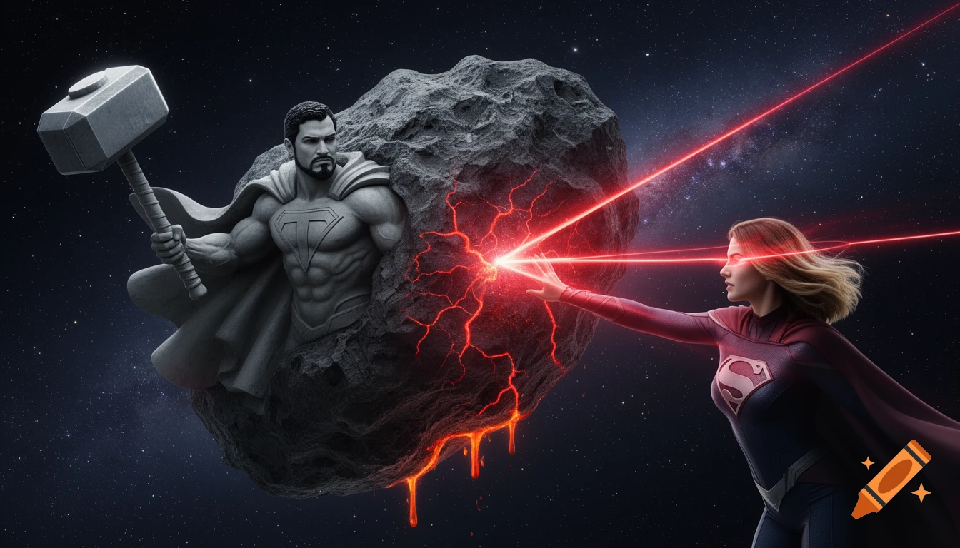 A photorealistic image of a Supergirl-like woman shooting laser beams from her eyes at a glowing asteroid in space, where a Superman-like man is carved holding a hammer.