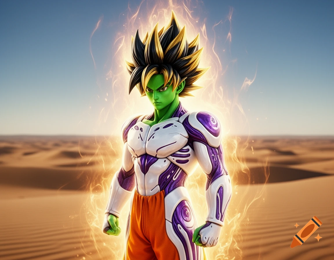 Anime-style green-skinned warrior with spiky black and gold hair, white and purple bio-armor, glowing aura in a desert.