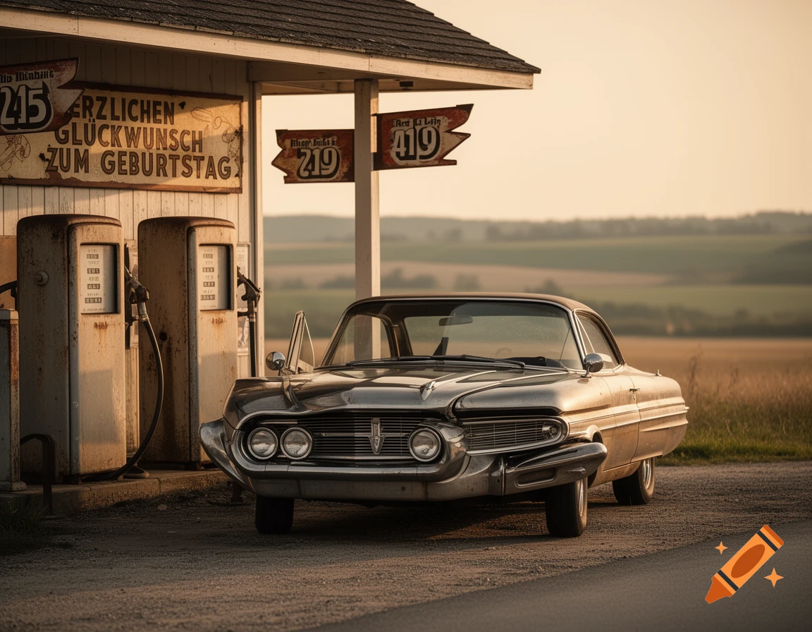A vintage silver car parked at an old, rustic gas station under a clear sky, with a sign reading 'Happy Birthday' in a rural landscape.