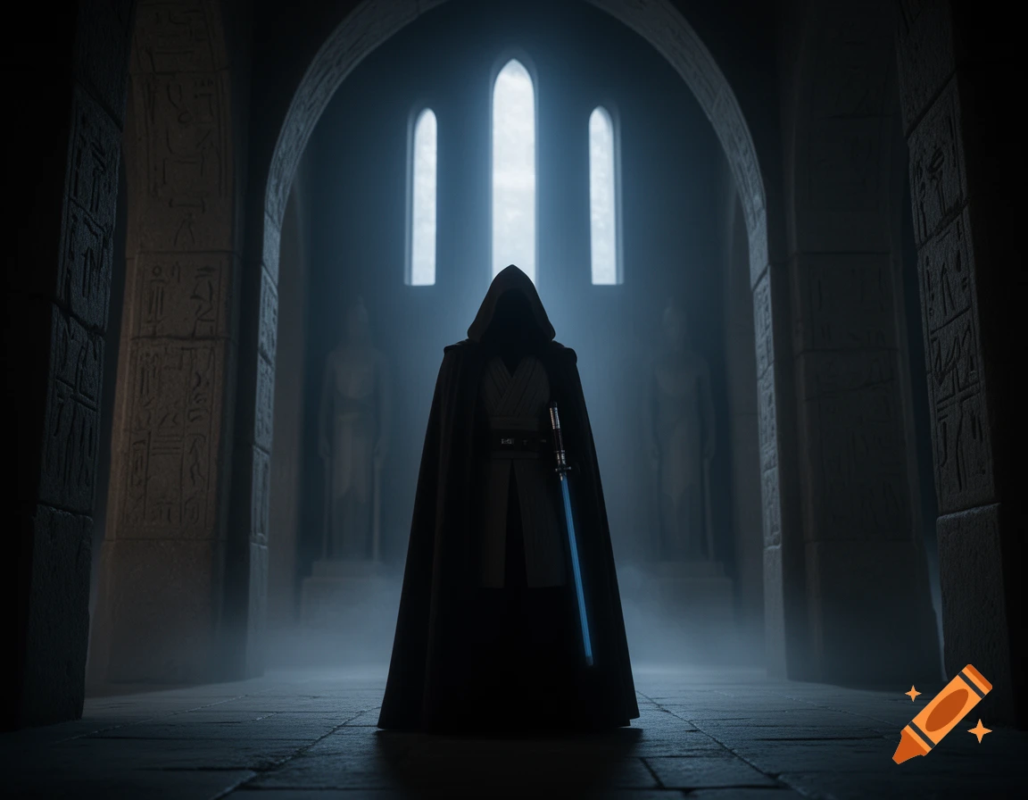 A hooded figure with a glowing blue lightsaber stands silhouetted in a dark, misty ancient hall with tall arched windows and carved pillars.