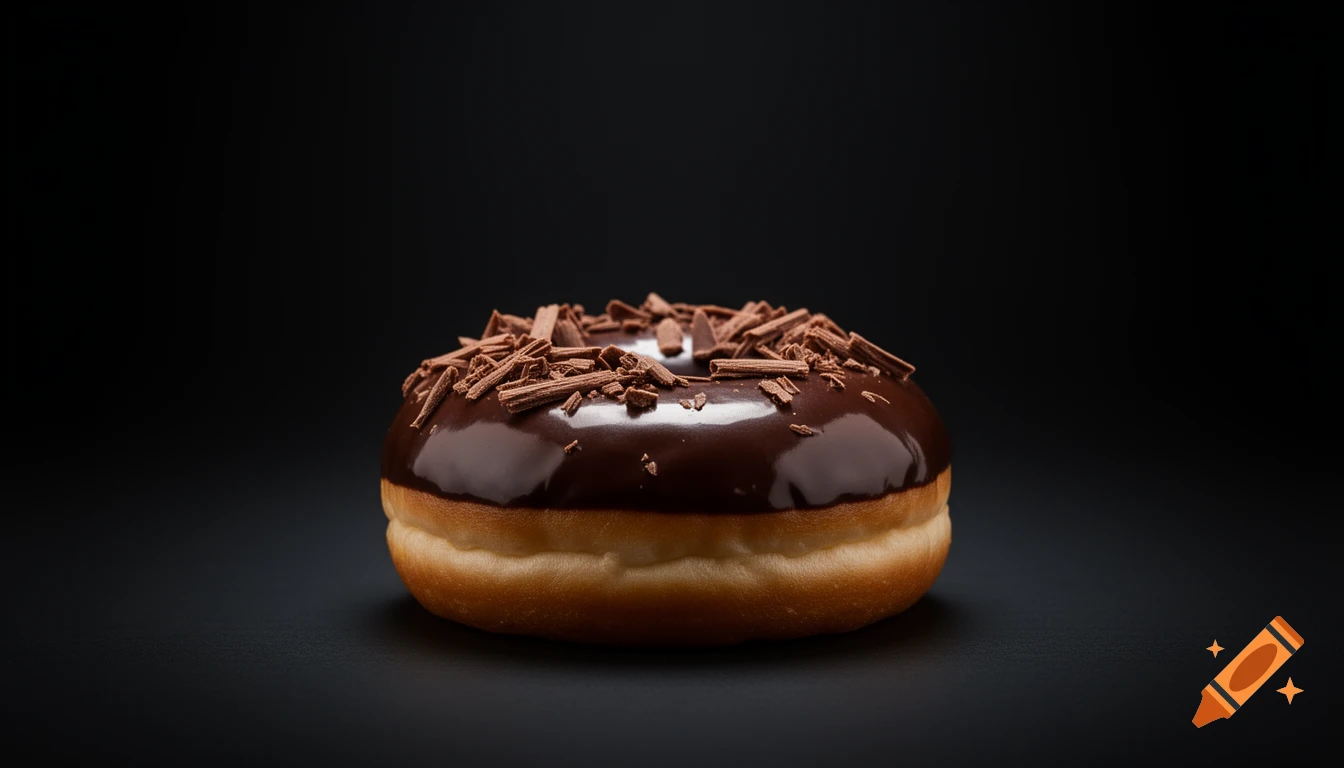 A single, hyper-realistic chocolate donut with chocolate shavings on a dark, blurred background.
