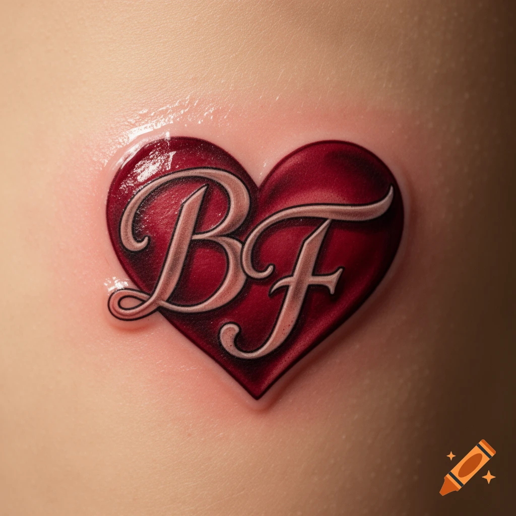 A photorealistic close-up of a glossy red heart tattoo with the initials 'BF' on human skin.
