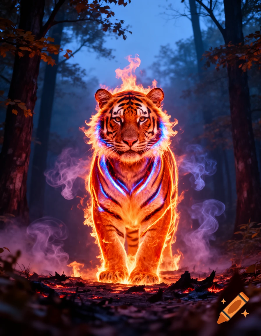A majestic tiger, glowing with fire and blue energy, stands in a dark, misty forest, with smoke rising from the burning ground.