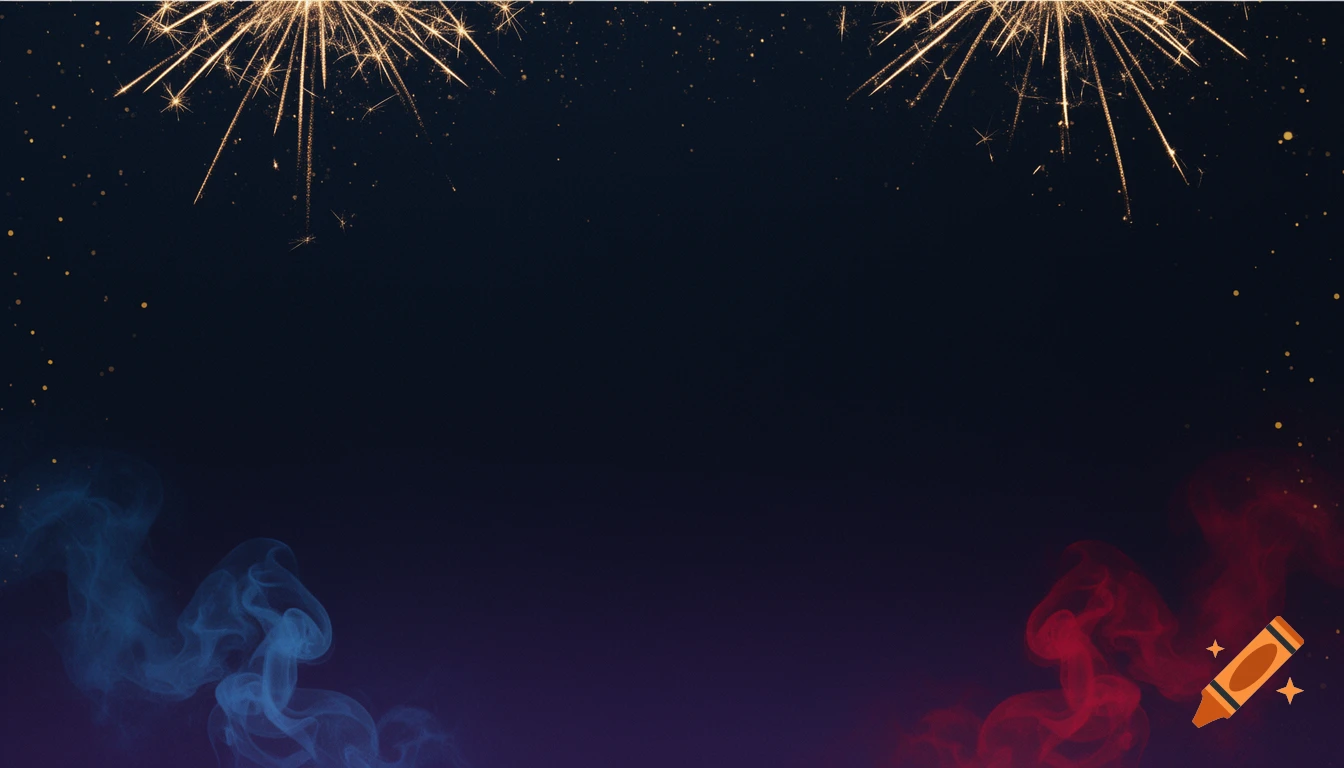 Golden fireworks sparkle at the top against a dark blue background with faint blue and red smoke at the bottom.