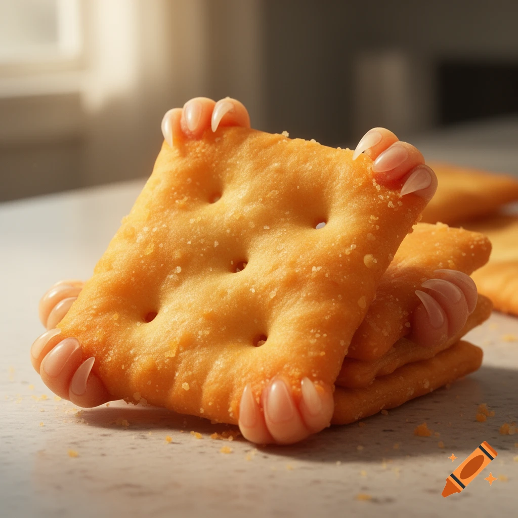 Close-up of Cheez-It crackers with human-like toes and polished nails emerging from their edges, on a white counter.