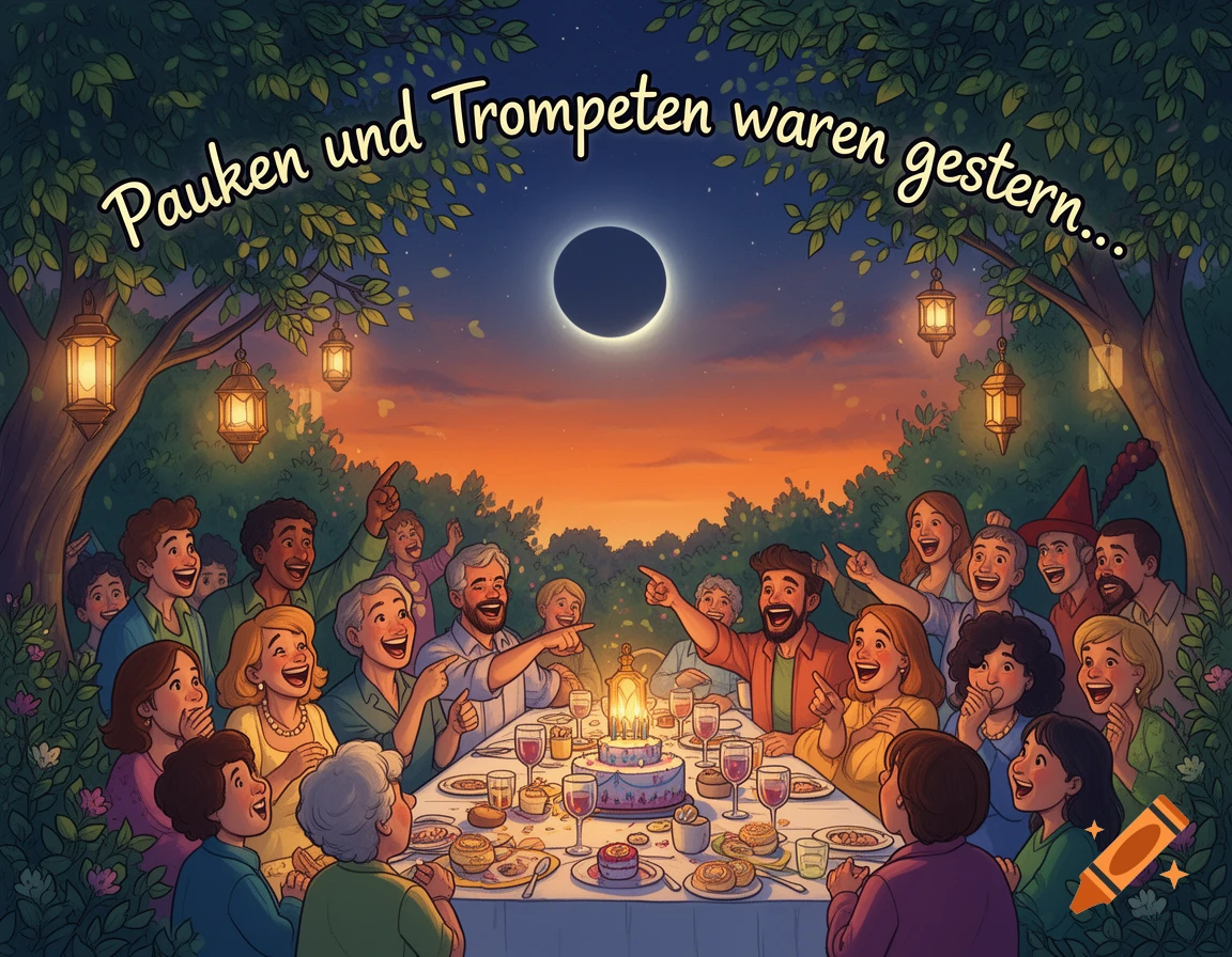 Happy people at an outdoor dinner table looking at a solar eclipse, with lanterns and trees. Text: 'Pauken und Trompeten waren gestern...' in cartoon style.
