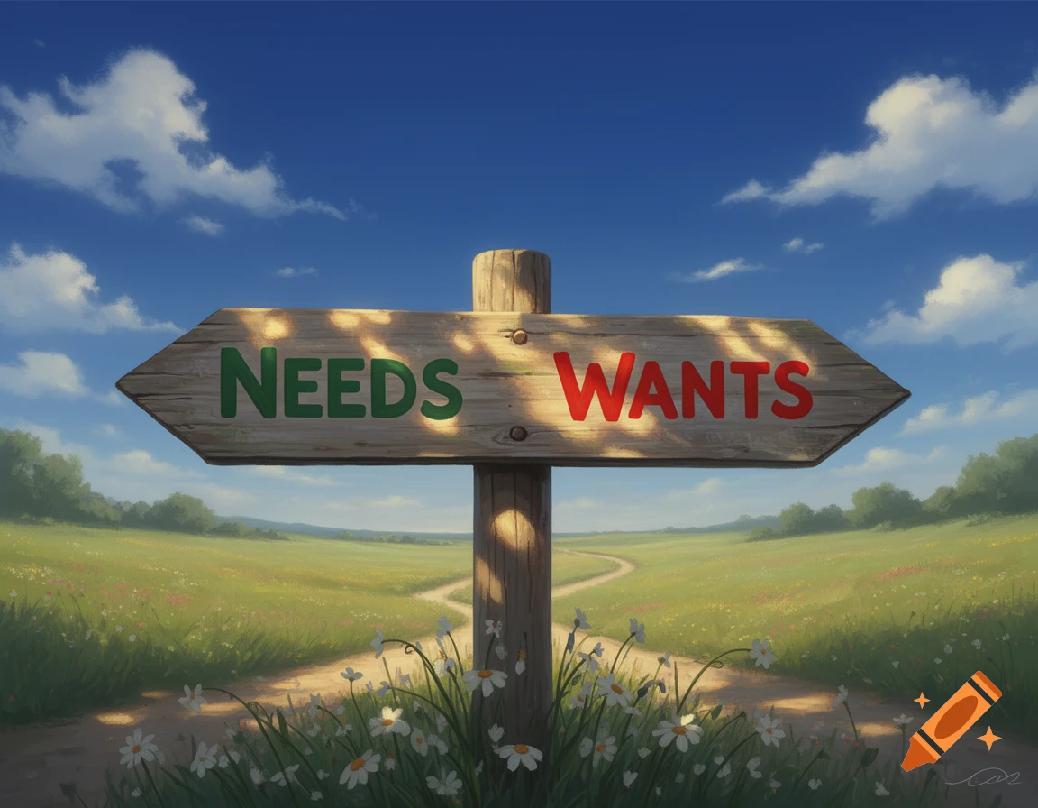 A wooden signpost in a sunny green field reads "NEEDS" pointing left and "WANTS" pointing right, with a path winding into the distance.