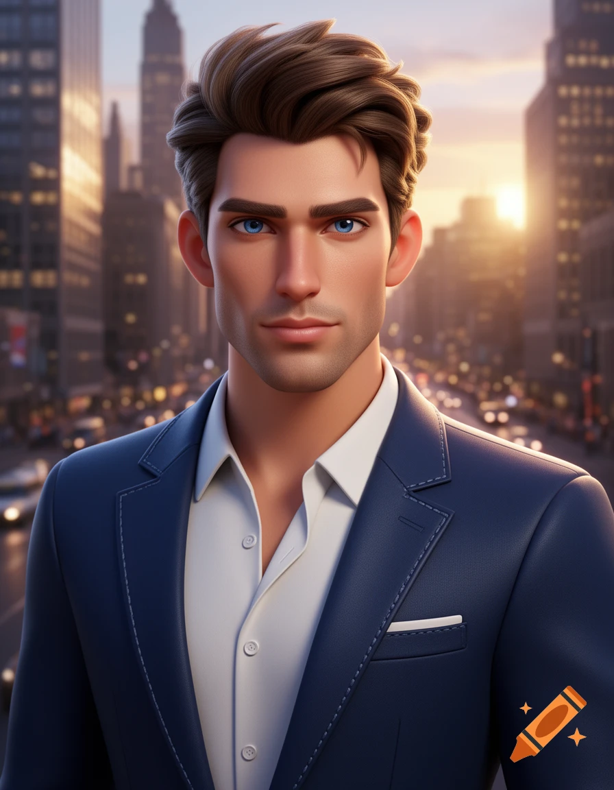 A portrait of a handsome 3D digital man with brown hair and blue eyes, wearing a suit, against a blurred city sunset background.