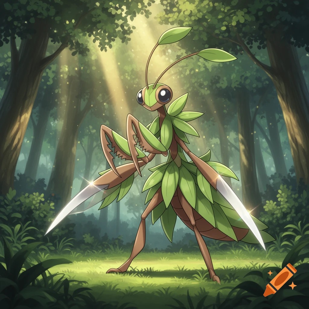 A stylized green and brown praying mantis-like creature, resembling a grass-type Pokemon with leaf-like armor and sharp blades on its forelegs, stands in a sunlit forest.