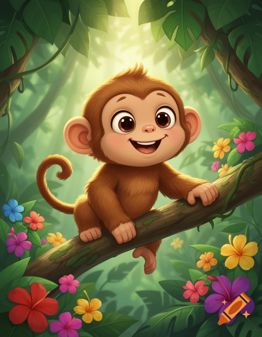 A cute, smiling cartoon baby monkey hangs from a tree branch in a vibrant jungle with colorful flowers.