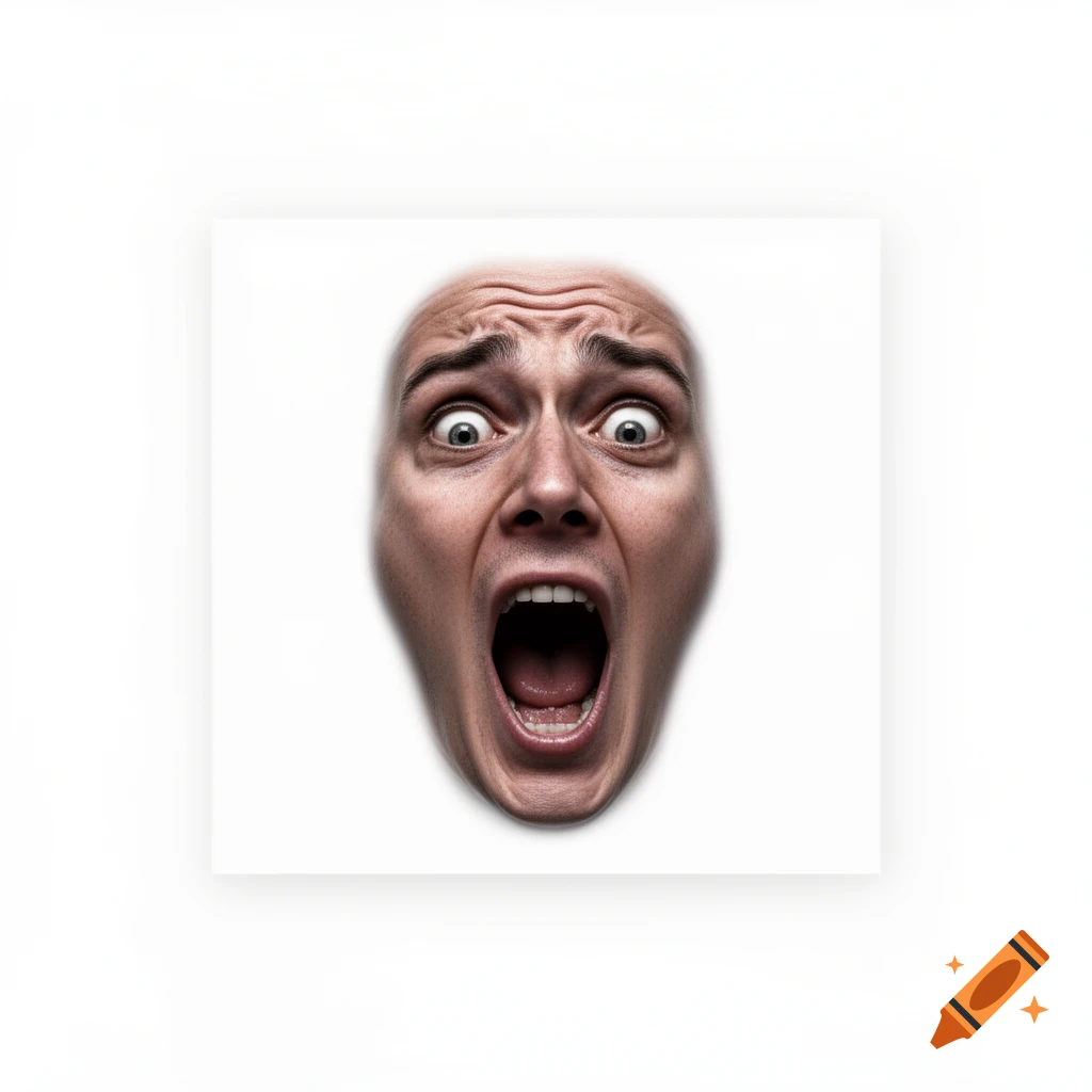 Close-up of a person's bald face contorted in a wide-mouthed scream of horror against a white background.