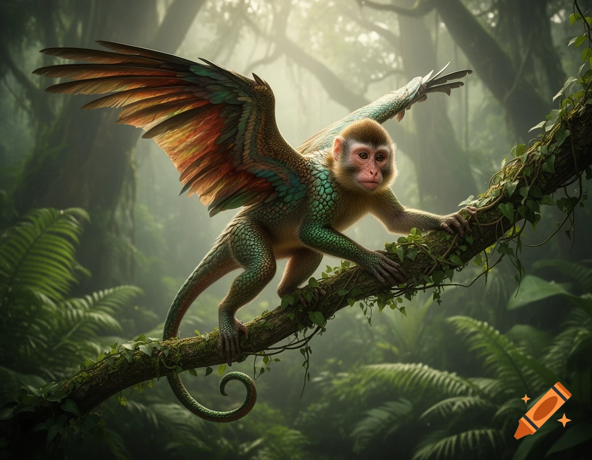 A fantastical winged monkey with reptilian skin climbs a vine-covered branch in a misty jungle.