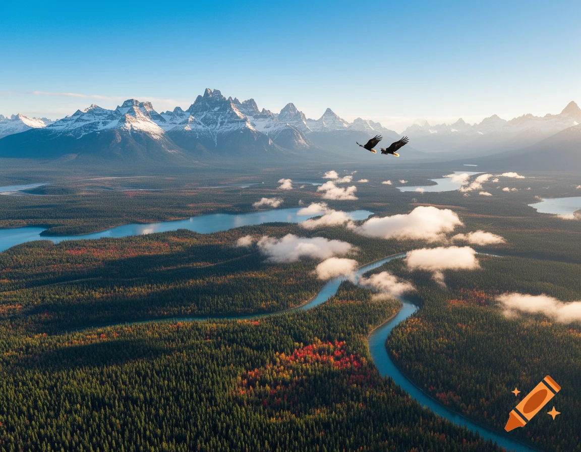 Aerial view of a winding river through a vast forest with autumn colors, snowy mountains in the background, and two eagles flying.
