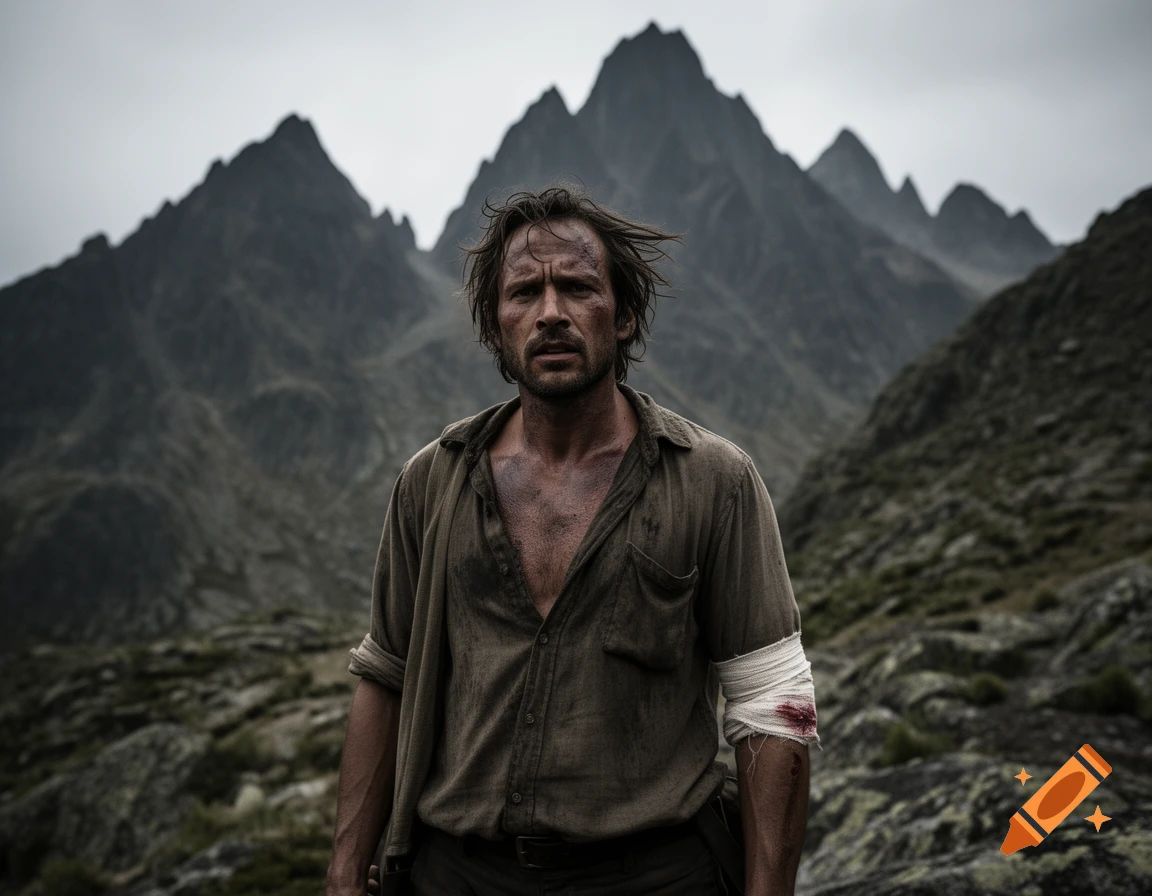 A rugged, wounded man with a bloody arm bandage stands in a barren mountain landscape.