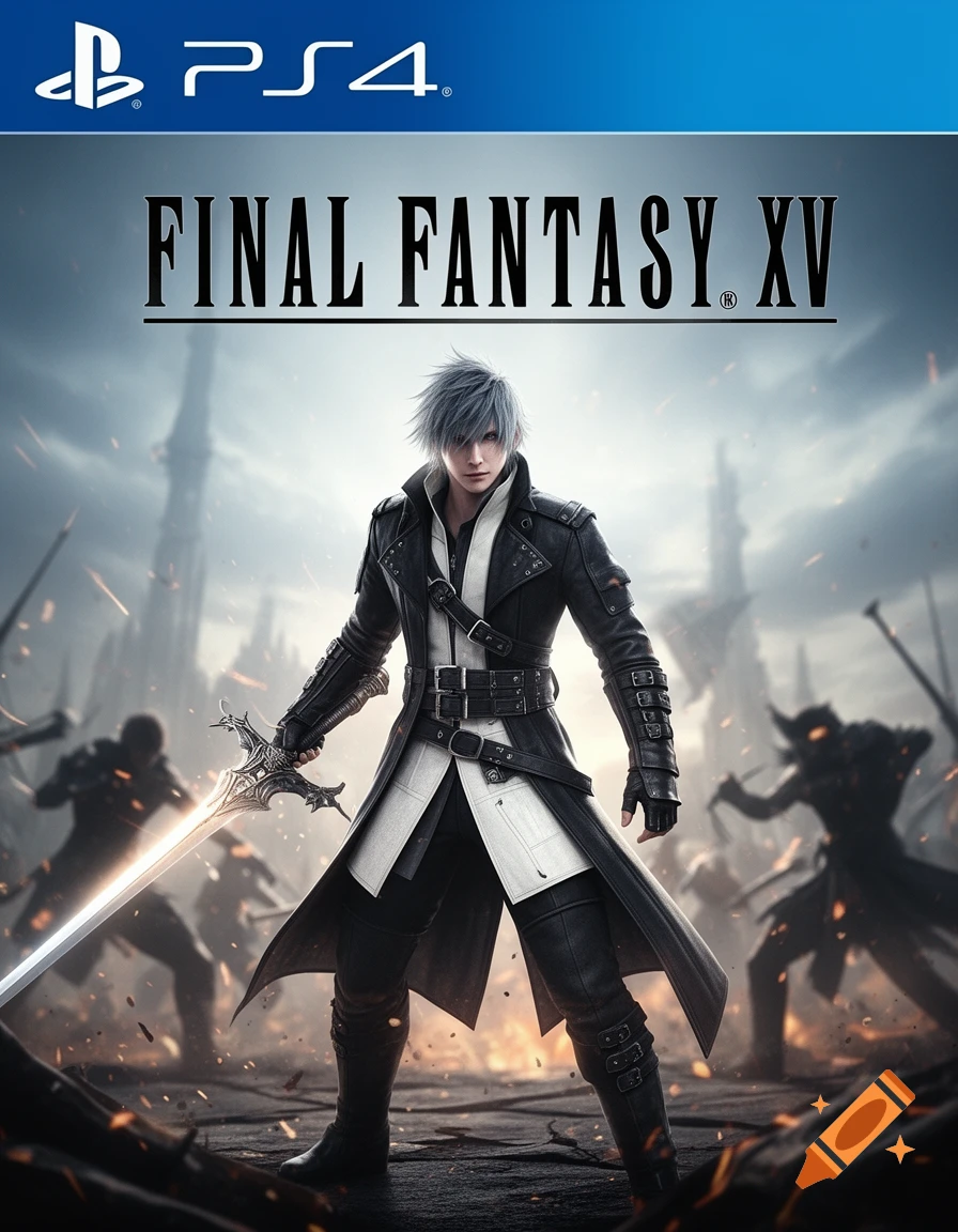 Final Fantasy XV PS4 game cover featuring Noctis in an Assassin's Creed-like outfit, holding a glowing sword in a chaotic battlefield.