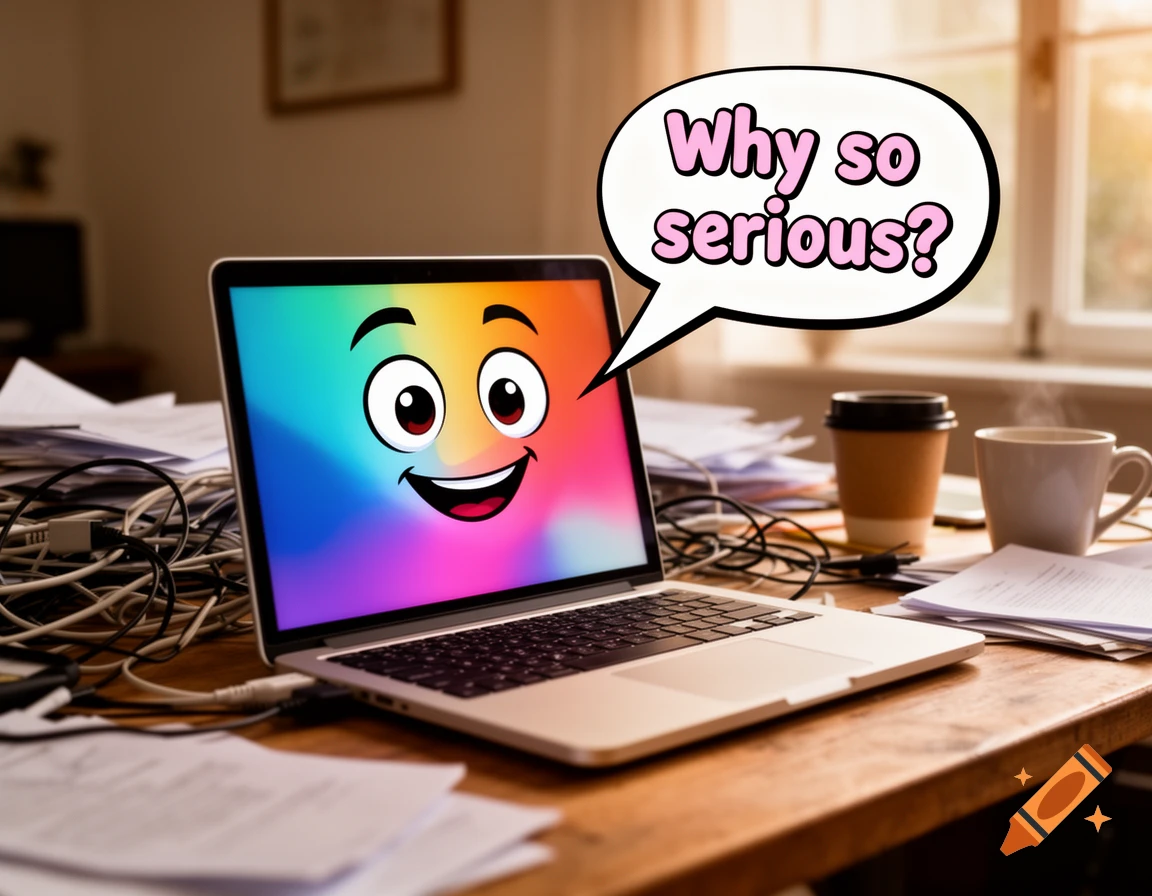 A laptop with a smiling cartoon face on its screen, saying 'Why so serious?' in a speech bubble, sits on a cluttered desk.