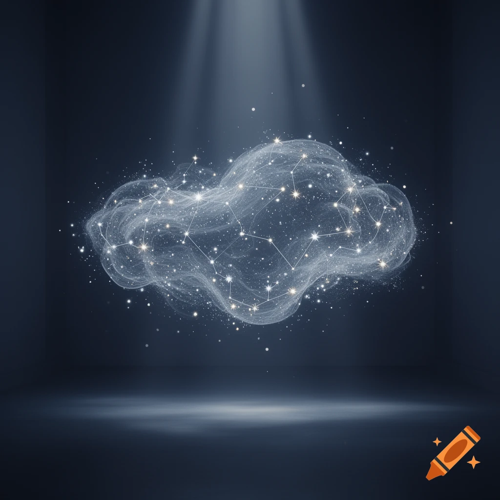 A glowing, ethereal cloud of interconnected stars floats in a dark, spotlighted room.