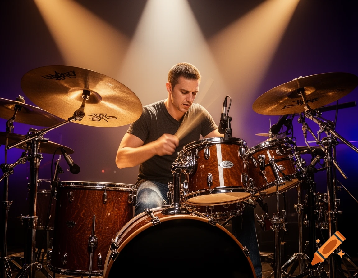 A male drummer plays a brown drum kit on a stage under spotlights, captured in a photorealistic style.
