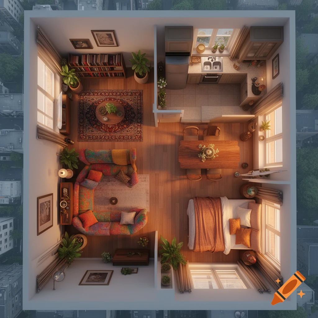 Overhead view of a fully furnished apartment, showcasing a detailed living room, kitchen, dining area, and bedroom.
