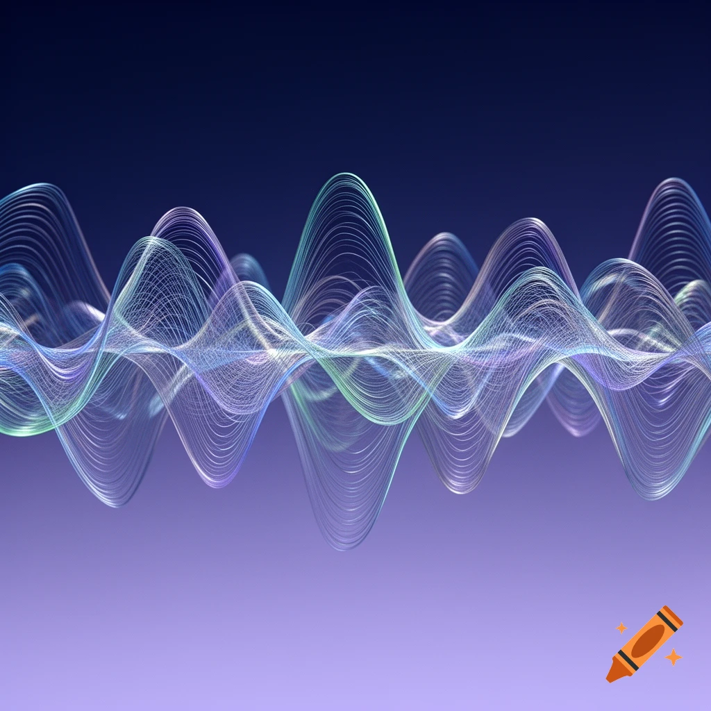 Abstract, translucent light waves in blue, purple, and green against a dark blue to light purple gradient background, resembling sound waves.