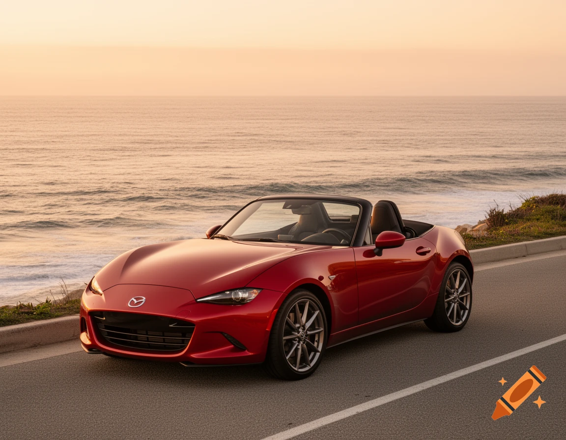 A red Mazda Miata convertible parked on a coastal road at sunset, with the ocean in the background.