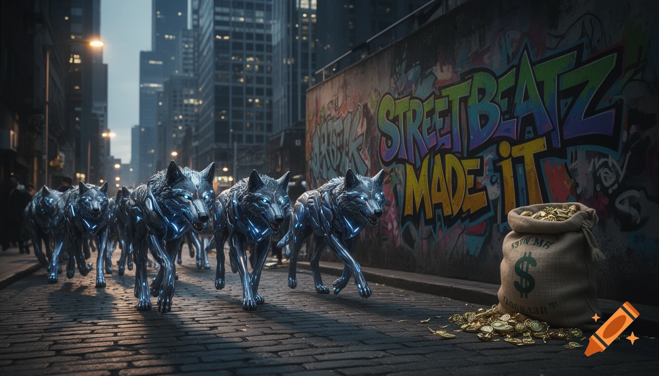 A pack of glowing cybernetic wolves on a city street with graffiti that reads 'STREET BEATZ MADE IT' and a money bag full of gold coins.