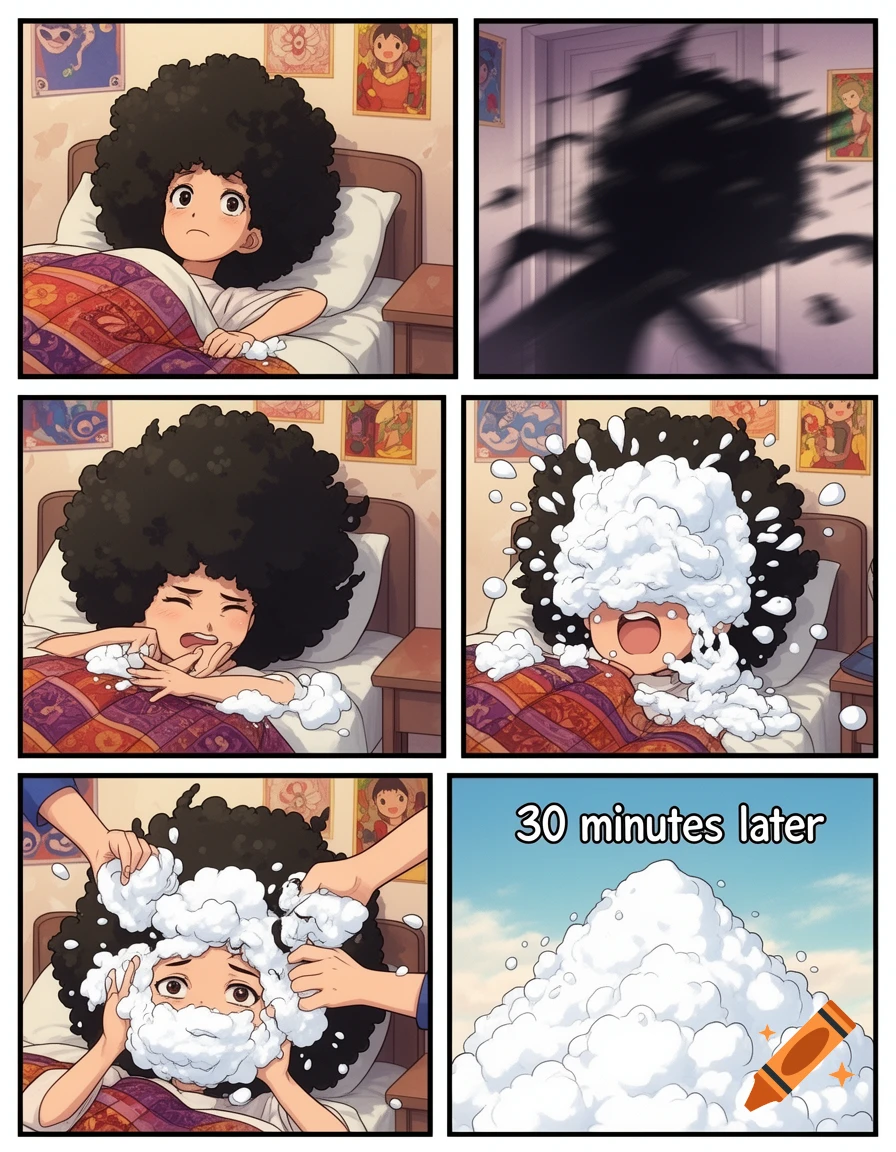 An anime comic strip showing a girl being pranked with shaving cream, culminating in a large pile on her head.