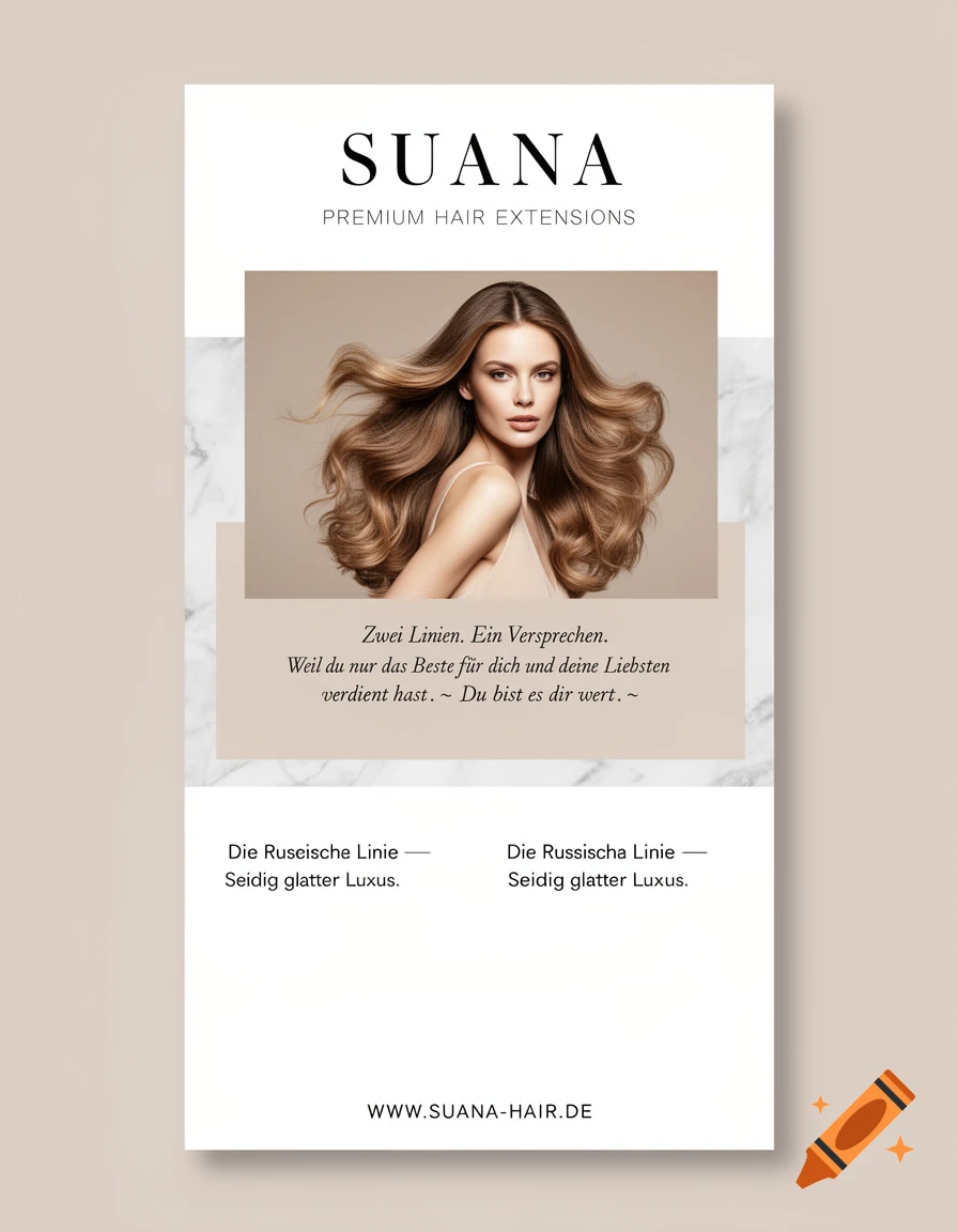 A minimalistic flyer for "SUANA PREMIUM HAIR EXTENSIONS" featuring a woman with long, voluminous brown hair, elegant text, and marble accents.
